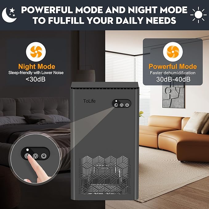 ToLife Dehumidifier for Home 95 OZ Water Tank, 1000 sq.ft Dehumidifiers for Basement Bedroom Bathroom with Auto Shut Off 7 Colors LED Light,Grey