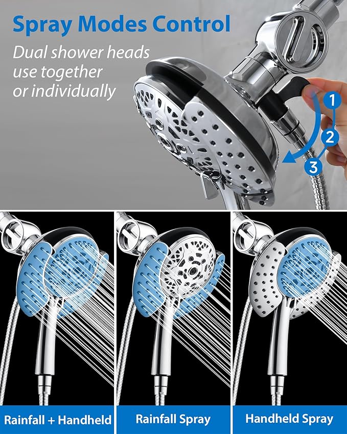 2-in-1 Filtered Shower Head with Handheld: Dual Shower Heads with Rain Shower & Handheld Shower Head, 10-Mode Detachable Shower Head with Massage Spray, Shower Trim Systems