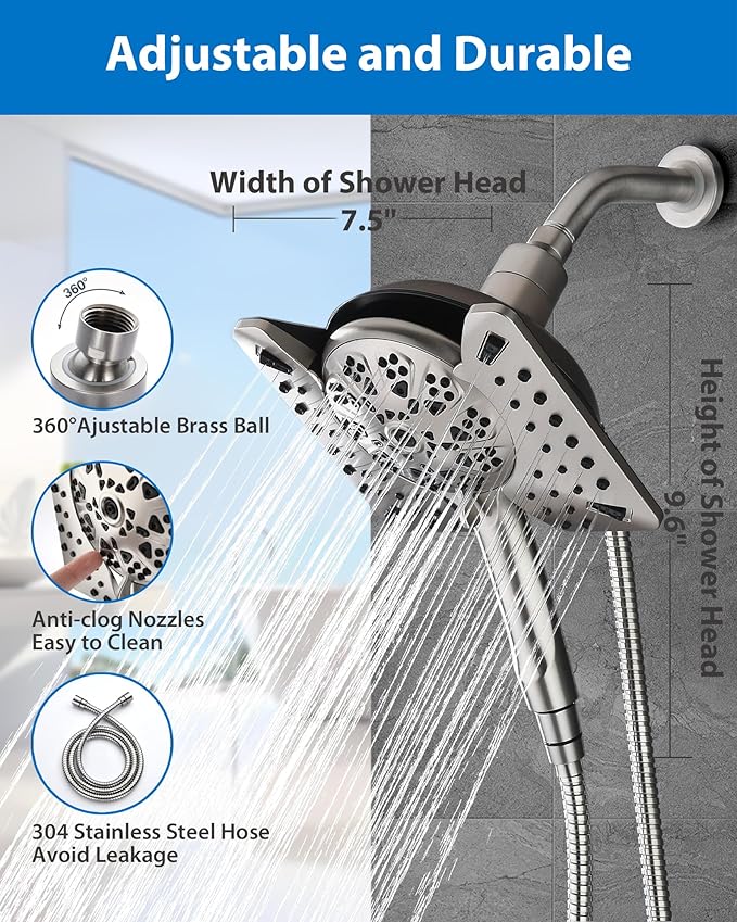 2.5GPM Shower Heads with Handheld Spray Combo: 7.5 Inch Rainfall Shower Head & 10 Spray Settings Detachable Shower Head, Adjustable Dual Showerhead with Hose, Nickel