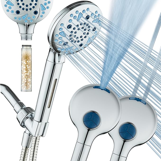AquaCare High Pressure 10 Spray Mode Filtered Showerhead - Handheld Shower Head Filters Chlorine to Heal Dry Skin, Revive Hair - Dual Power Wash Cleans Tub, Tile, Pets - Hard Water Softener, Chrome