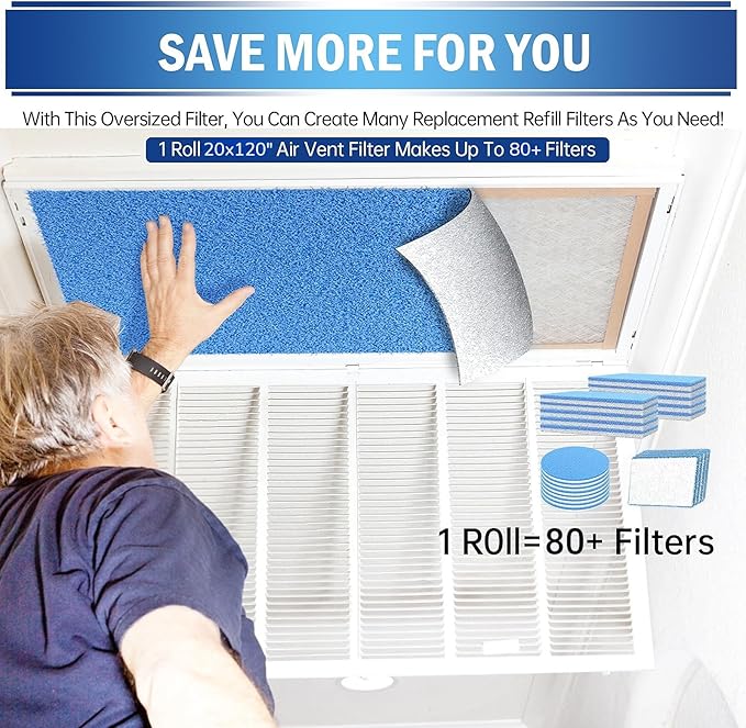 UBeesize Air Vent Filters, 20" x 120" Cut to Size Air Filter Material (80+ Filters), MERV 8 Triple Vent Filter Kit for Home Floor, Grilles, Ceiling, HVAC Furnace Vents, With 48PCs Adhesive Hook Tape