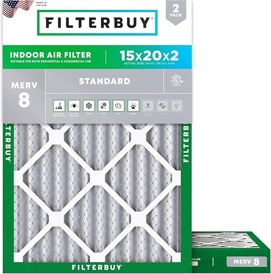 Filterbuy 15x20x2 Air Filter MERV 8 (MPR 700) Dust Defense Replacement (2-Pack), Electrostatic Pleated HVAC AC Furnace Filters, Made in USA (Actual Size: 14.50 x 19.50 x 1.75)