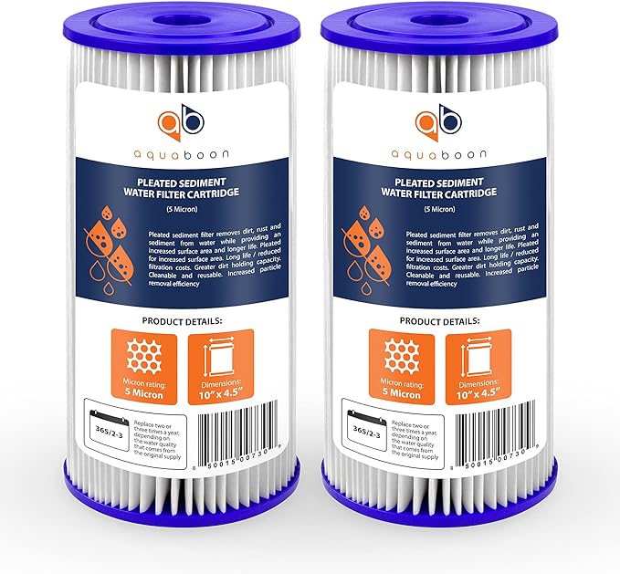 Aquaboon 5 Micron Pleated Sediment Water Filter 10 x 4.5 Cartridge - Whole House Water Filter Replacement - Whole House Water Filters Cartridges Compatible with Well Filters FXHSC, R50-BBSA, 2-Pack