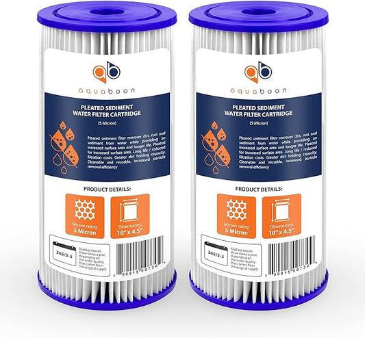 Aquaboon 5 Micron Pleated Sediment Water Filter 10 x 4.5 Cartridge - Whole House Water Filter Replacement - Whole House Water Filters Cartridges Compatible with Well Filters FXHSC, R50-BBSA, 2-Pack
