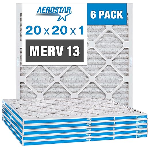 Aerostar 20x20x1 MERV 13 - 6 Count - Pleated HVAC, Furnace & Air Conditioner Filters - Removes Bacteria, Dust, Cold & Flu Germs, Lint, Mold, Pet Dander, Allergy-Causing Pollen, Smog, Smoke & Viruses