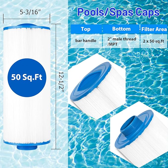 5CH-502 Spa Filter Cartridge Replaces for PPM50SC-F2M, Filbur FC-0195, Marquis Spa 20041, 20091, 370-0237, C-5303, 50501, 2" Male Thread/MPT Hot Tub Filter, 50 sq.ft Cal Spas, 2 Pack