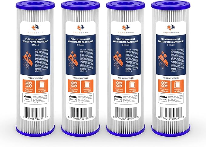Aquaboon 5 Micron 10x2.5 Whole House Pleated Sediment Filter Cartridge for Well Water Filter Replacement Compatible with WFPFC3002, WHKF-WHPL, 4-Pack