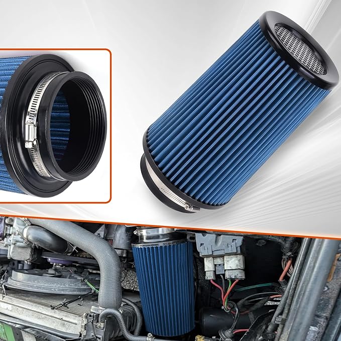 4-Inch Cold Air Intake Filter - Washable, High Performance, 3" or 3-1/2" or 4" Clamp-On Filter Height: 9 In Replacement Cone Air Filter Universal 3 Sizes in 1 (Blue)