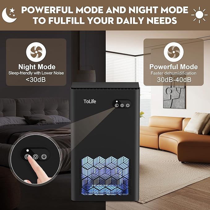 ToLife Dehumidifier for Bedroom Bathroom Basements, Dehumidifier with 2 Working Mode, Auto Shut Off, 7 Colors LED Light, Black