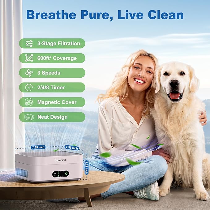 Air Purifiers for Home, TDBYWAE Air Purifier for Bedroom Up to 600 ft², H13 True HEPA Air Purifier for Pets Dust Dander Pollen Odor Smoke, with New Quiet Wind Wheel System, for Desk/Car/Travel（Pink）