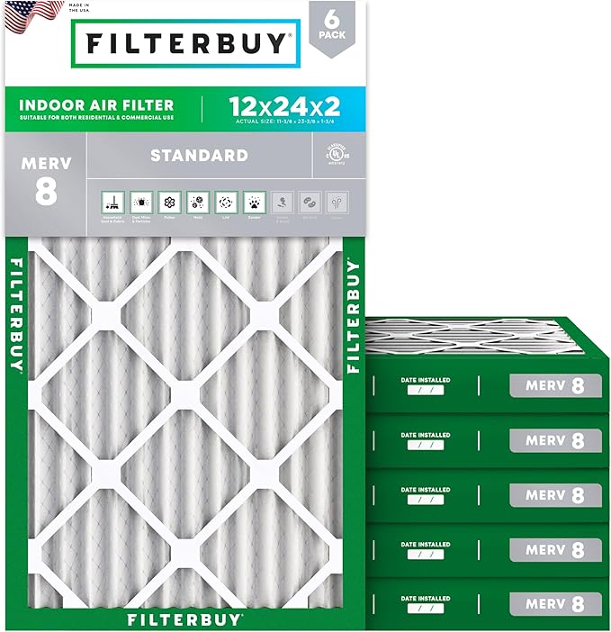 Filterbuy 12x24x2 Air Filter MERV 8 (MPR 700) Dust Defense Replacement (6-Pack), Electrostatic Pleated HVAC AC Furnace Filters, Made in USA (Actual Size: 11.38 x 23.38 x 1.75)