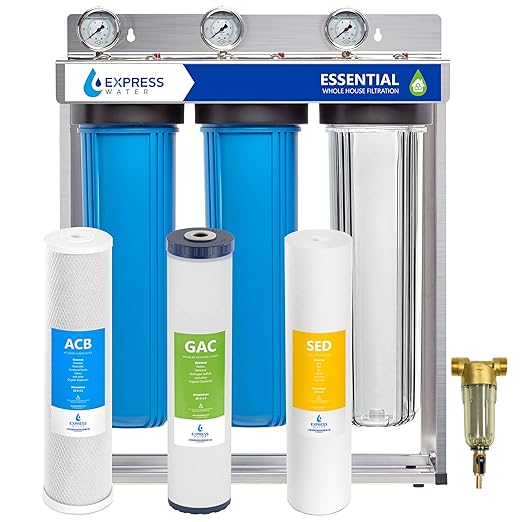 Whole House Water Filter System| ESSENTIAL | 3 Stage Water Purifier Whole Home, Top-Tier GAC, ACB Filters Produce Overachieving H2O, Significantly Reduces Chlorine & Sulfur Smell/Taste, Healtheir Skin