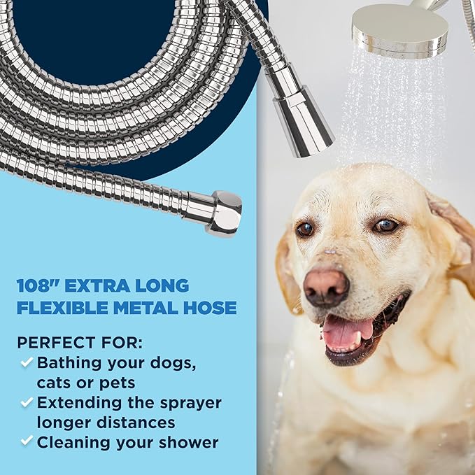 HammerHead Showers® Solid Metal 3-Spray Handheld Shower Head with Extra Long Hose and Shutoff Valve – Chrome - Perfect Dog Shower Head Attachment with 3 High Pressure Sprays - 2.5 GPM