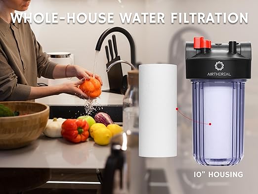 Airthereal Whole House Water Filter Housing, 10" x 4.5" Sediment Carbon Cartridge Universal Housing, Pre-Filtration System for Well and City Water, 3/4" NPT Port Clear Housing Include 1-Pack PP Filter