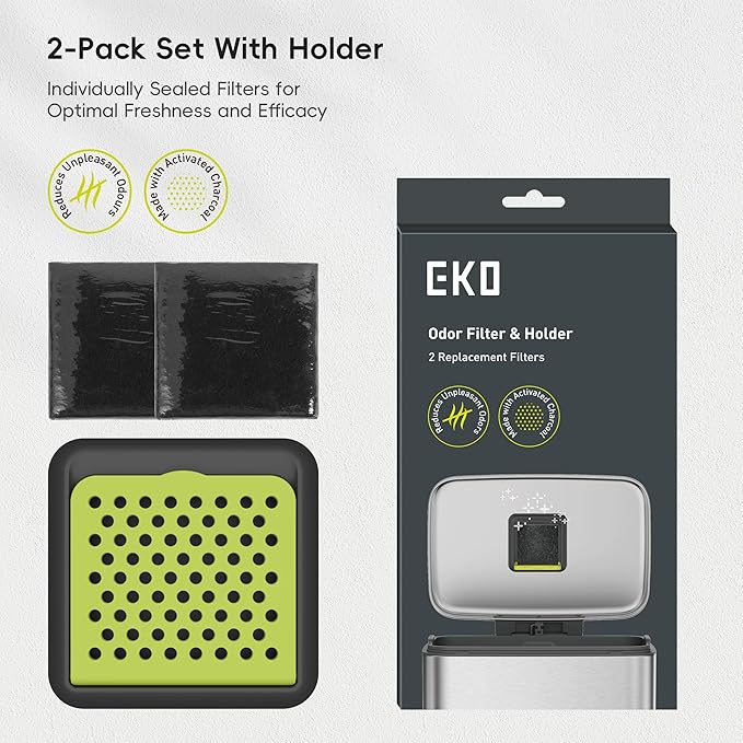 EKO Activated Charcoal Odor Filter Kit – 2-Pack Strong Odor Absorber and Deodorizer with Filter Case for Trash Cans