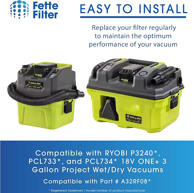 Fette Filter - Fette Filter - A32RF08 Fine Dust Replacement Filter Compatible With RYOBI 18V ONE+ P3240, PCL733, and PCL734 Compare to Part # A32RF08. Pack of 4