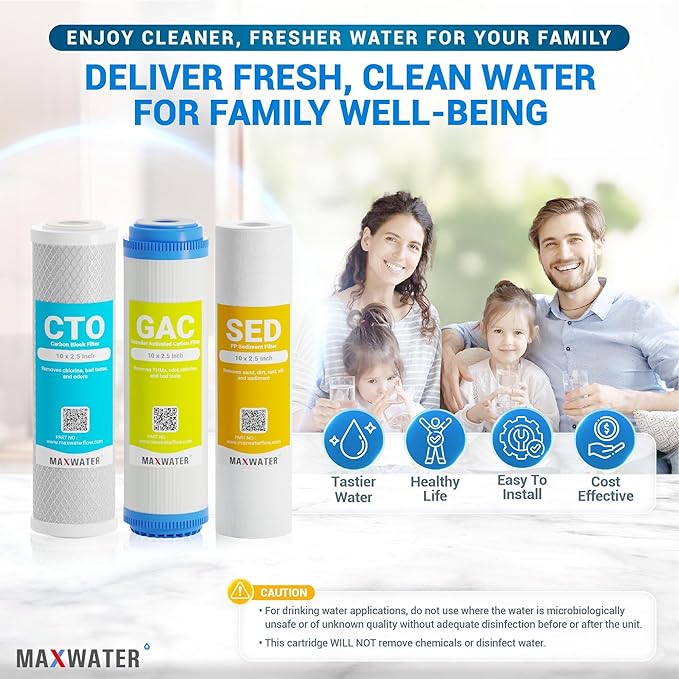 Max Water 5 Micron Replacement 10 x 2.5 inch Filter Cartridge Set For Standard RO | Reverse Osmosis Water Filter Systems - PP Sediment, GAC & CTO | Compatible with AP110, WHKF-GD05, WHKF-WHWC, GAC-10