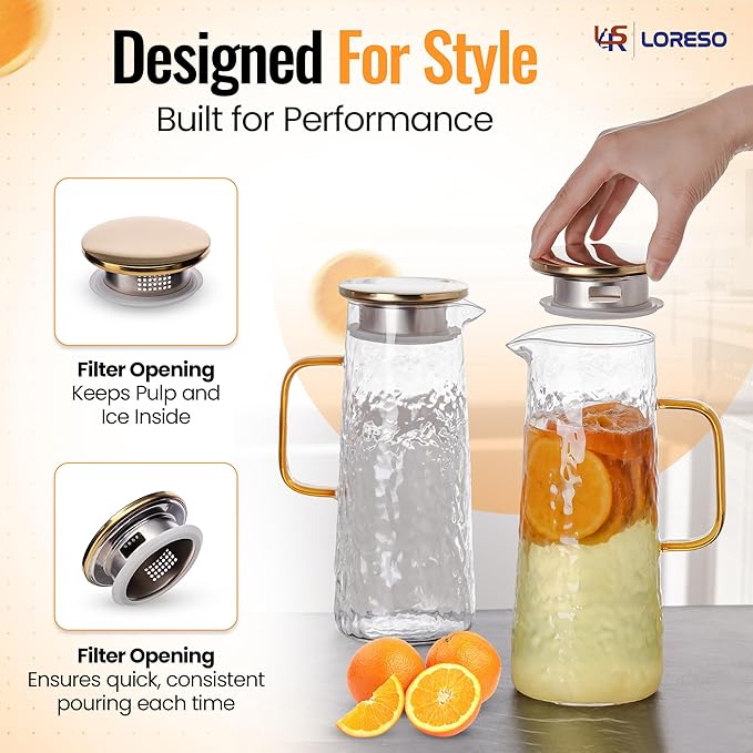 Glass Water Pitcher with Stainless Steel Lid, 2 Pack, 50 oz 1.5L - Borosilicate Glass Jug, Heat Resistant Carafe with Filter, Golden Vintage Design