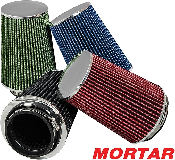 Mortar Aftermarket Auto Air Filter - Car Enthusiast Class Universal Cold Air Intake Gulps in More Air for More Engine Power & Passionate Induction Sound, 8-In-Long, Flange ID 4 In, Red