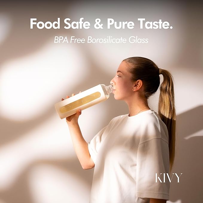 KIVY Glass Water Bottle with Silicone Sleeve 32 oz [WITH MEASUREMENT] - Borosilicate Glass Water Bottle Screw Top - Clear Bottles with Measurement Marking - Slim Waterbottle Aesthetic - Cream White