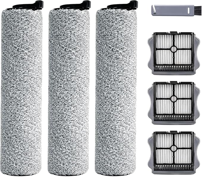 Roller Brush and Filter Replacement Compatible with Tineco iFloor 3/ Floor One S3 Cordless Vacuum Cleaner, Replacement Parts Include 3 Brush Rollers, 3 Filters