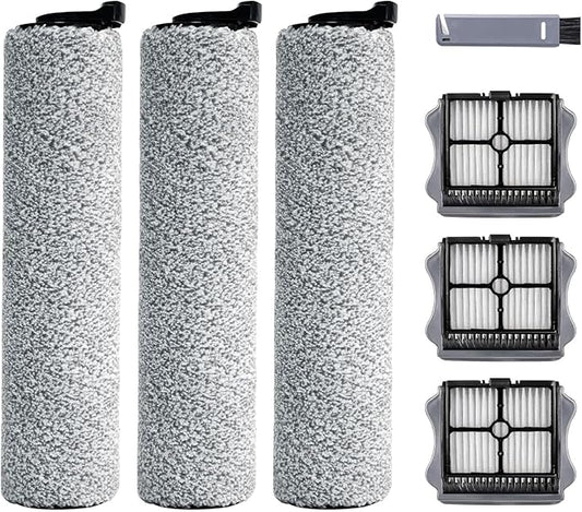Roller Brush and Filter Replacement Compatible with Tineco iFloor 3/ Floor One S3 Cordless Vacuum Cleaner, Replacement Parts Include 3 Brush Rollers, 3 Filters