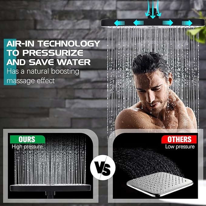 Shower Head 12'' High Pressure Rain Shower Head Combo, Filtered Handheld with 10 Water Spray, 3-Way Diverter Extension Arm Rainfall Showerhead, Adjustable Shower head with Anti-Clog Nozzles