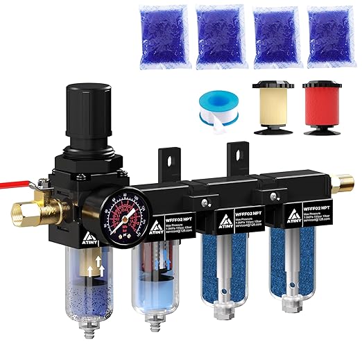 1/4 Inch NPT 4 Stage Air Compressor Dryer System,Air Drying System Brass Filter&Coalescing Filter,Double Desiccant Dryers & Air Regulator, Semi-Auto Drain(Black)