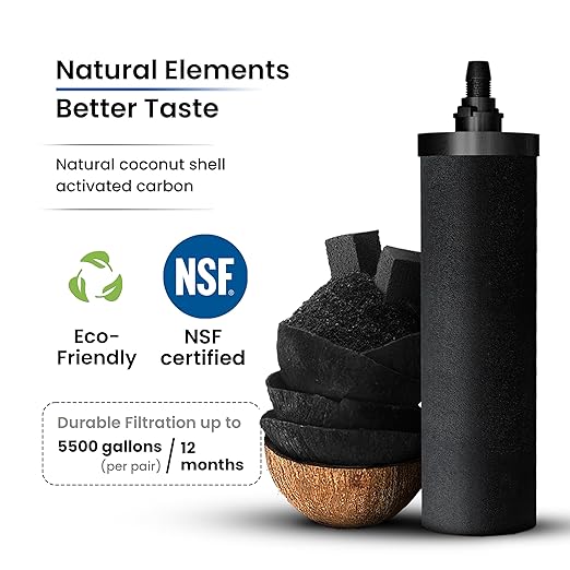 1.5 Gallons AISI 304 Stainless Steel Gravity Water Filter System, NSF Certified 2 Smart Carbon Filter Elements, Free Stainless Steel Water Spigot & Teak Wood Stand | No Plumbing or Electricity Needed