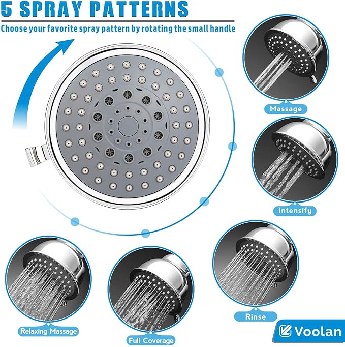 Voolan High Pressure Shower Head - 4 Inches Rain Showerhead - 5 Spray Settings - Luxury Modern Chrome Look - Perfect Adjustable Replacement for Bathroom Shower Heads