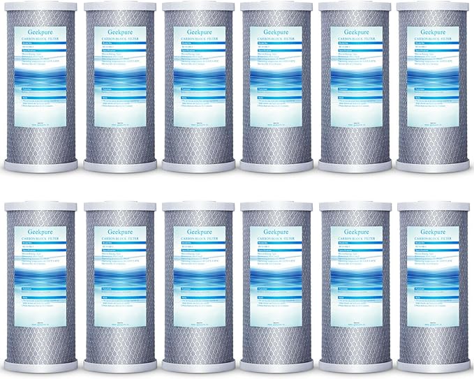 Geekpure 10-Inch Carbon Block Replacement Water Filter Cartridge for Whole House Water Filtration-4.5" x 10"-5 Micron (12)