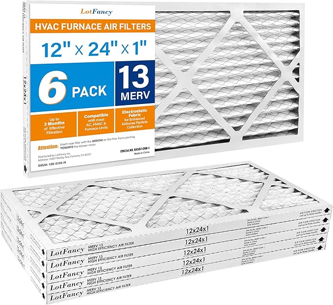 LotFancy 12x24x1 Air Filter MERV 13 Pet Smoke Smog Allergens Defense (6-Pack) Pleated HVAC Furnace Air Filters, Replacement for Home AC & Heating Systems, Actual Size: 11.75" x 23.75" x 0.75"