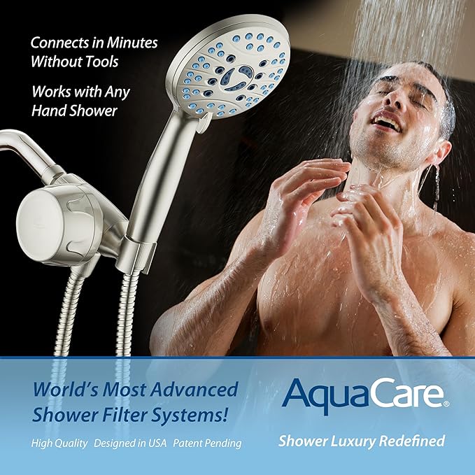 Skin & Hair by AquaCare - World's Most Advanced Shower Filter for Hand Showers with ON/OFF Filtration Modes,Instant Cartridge Reload,Built-in Bracket & Stay-Clean Enriched KDF Cartridge/Satin Nickel