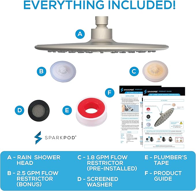 SparkPod 9.5 Inch Large Rain Shower Head - Luxury Rainfall Shower Head - High Pressure Showerhead, Full Body Coverage with Anti-Clog Silicone Nozzles -No Hassle, Easy Install (1/2 NPT, Brushed Nickel)