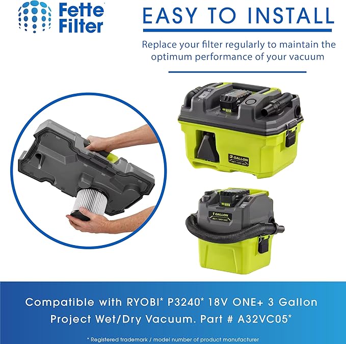 Fette Filter - A32VC05/A32RF08 Wet/Dry Vacuum Replacement Filter Compatible with RYOBI P3240 PCL733 PCL734 18V ONE+ 3 Gal. Vacuums. part # A32VC05 & A32RF08 Compatible with Hoover AH46100 - Pack of 2