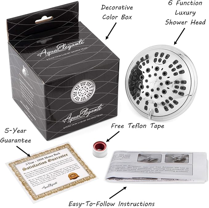 6 Function Adjustable Luxury Shower Head - High Pressure Boosting, Wall Mount, Bathroom Showerhead For Low Flow Showers, 2.5 GPM - Chrome