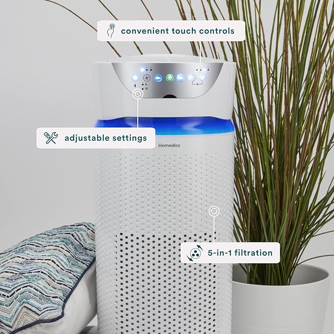 Homedics 5-in-1 UV-C Air Purifier - 360-Degree HEPA Filter for 1,659 Sq Ft, Extra Large Air Purifiers for Bedroom and Home, Essential Oil Pads, Built-In Timer, 5 Speed Settings for Large Rooms, White