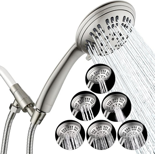 G-Promise High Pressure Shower Head 6 Spray Setting with Adjustable Solid Brass Shower Arm Mount and Extra Long Flexible Stainless Steel Hose (Brushed Nickel)