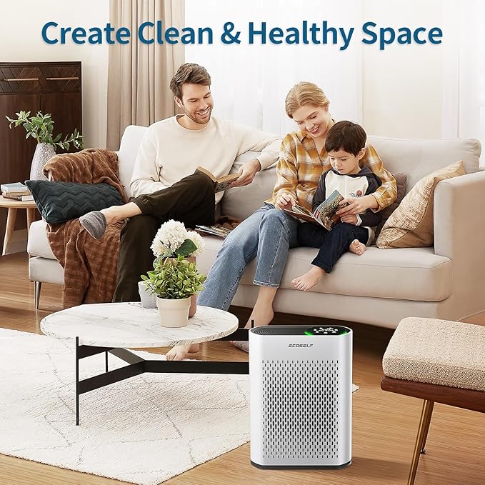 Powerful Air Purifiers for Home Large Room Up to 2400 Ft², ECOSELF HEPA Air Purifier with PM 2.5 Air Quality Display 20dB Sleep Mode, Air Purifiers for Bedroom Office Living Room HAP602 White