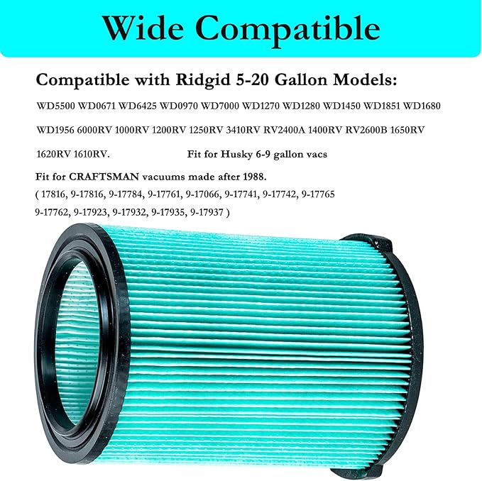 VF6000 5-Layer HEPA Replacement Filter for Ridgid Shop Vac 5-20 Gallon Wet/Dry Vacuums WD5500 WD0671 WD6425 WD7000 WD1280 WD1851 WD1680 WD1956 RV2400A 1400RV RV2600B, for Husky 6-9 Gallon Vacs
