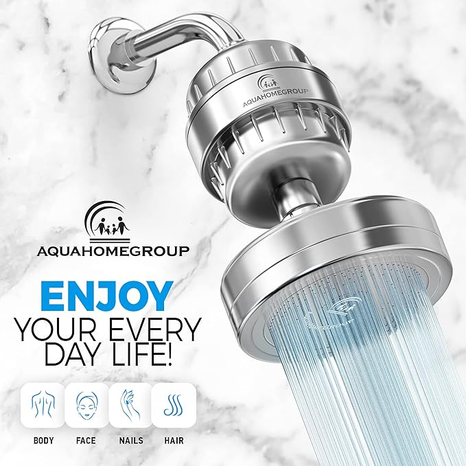 AquaHomeGroup Luxury Filtered Shower Head (Metal) 2 Cartridges Vitamin C+E+A + 5 Shower Caps - Reduses Chlorine & Sediments - Consistent Water Pressure - Massage and SPA Effery Shower Head