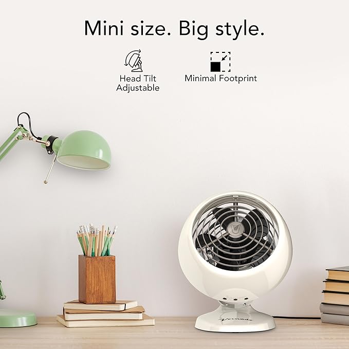 Vornado VFAN™ Mini Classic Vintage Fan, Retro Metal Air Circulator, For Desk & Bedside, 2 Speeds, Adjustable Tilt, Personal Cooling with Targeted Airflow, Quiet Fan, Vintage White