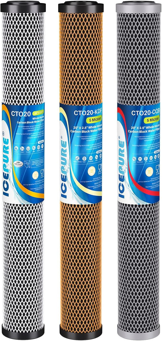 ICEPURE 20" x 2.5" Whole House Water Filter Replacement Combo Kit, Activated Carbon Block, KDF Filter Cartridge and Upgraded Activated Carbon Lead Remove Filter for 3-Stage Water Filter System