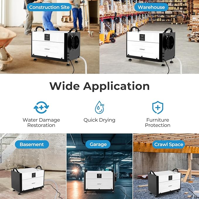 COSTWAY 155 PPD Commercial Dehumidifier, 1900 Sq.Ft Crawl Space Dehumidifier with 9.8 FT Drain Hose & Wired Remote Control Panel, Ideal for Basement, Warehouse (White)
