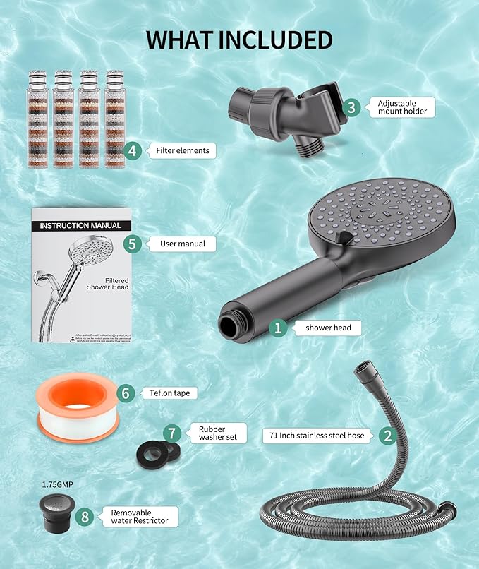 Filtered Shower Head with Handheld, High Pressure 9 Spray Mode Gunmetal Grey Showerhead With Filters,Detachable Shower Head,Water Softener Filters Beads For Hard Water
