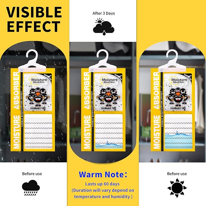 ZSZMFH 15 Pack Moisture Absorber & Max Odor Eliminator Hanging Bag, Charcoal Smell Remove Damp Musty Smell,Hanging Closet Dehumidifier Bags with 25g of Activated Charcoal (220g/pack) Yellow