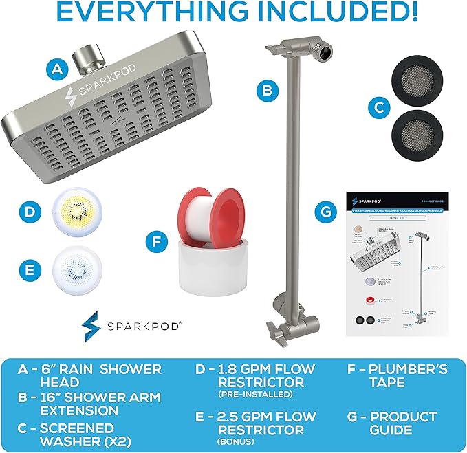 SparkPod Square Rain Shower Head with Shower Head Extension Arm - High Pressure Rain - Luxury Modern Look - No Hassle Tool-less 1-Min Installation (16" Shower Arm Extension, Elegant Brushed Nickel)