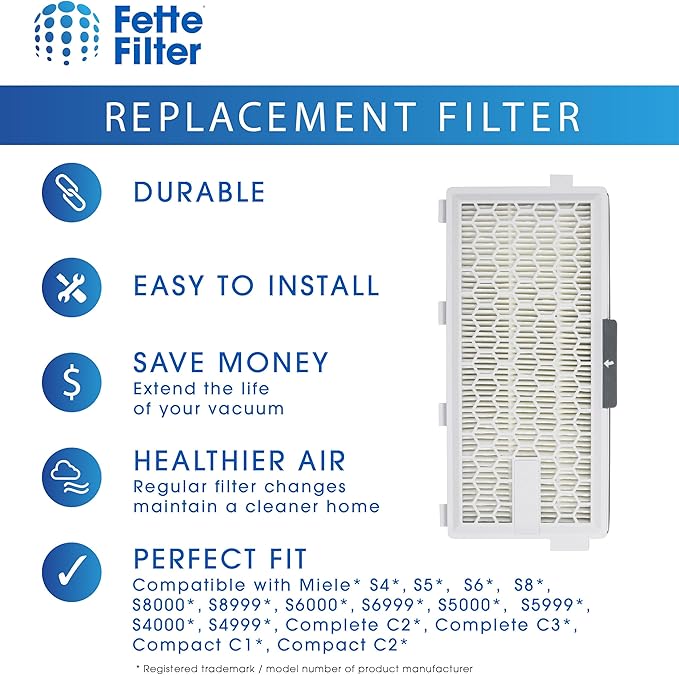 Fette Filter - HEPA Filters Compatible with Miele AirClean SF-HA 50 Filter for Model # S4, S5, S6, S8, S8000, S8999, S6000, S6999, S5000, S5999, S4000, S4999, Complete C2 & C3 (Pack of 2)