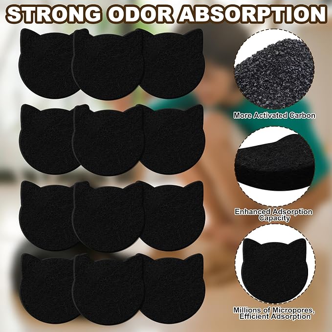 12 Pack Cat Litter Box Filter Litter Stick-on Activated Cat Litter Box Filter Compatible with Most Cat Litter Box Universal Cat Litter Box Filters Replacement to Absorb Odors and Keep Dry