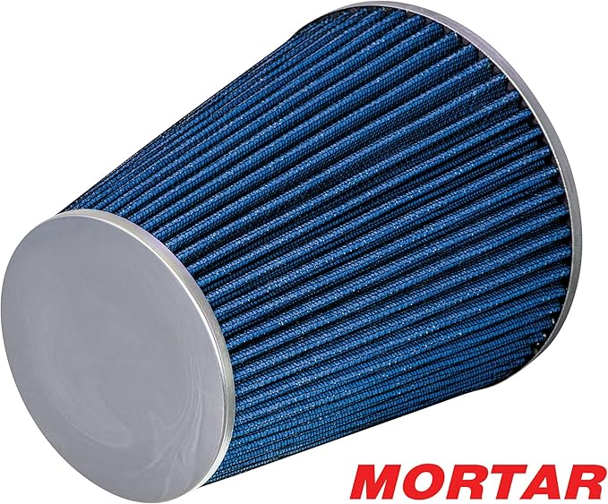 Mortar Aftermarket Auto Air Filter - Car Enthusiast Class Universal Cold Air Intake Gulps in More Air for More Engine Power & Passionate Induction Sound, 8-In-Long, Flange ID 4 In, Blue